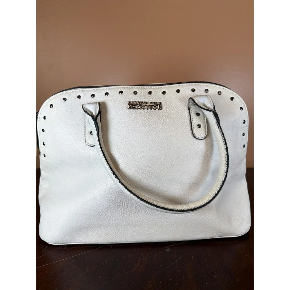 Kenneth Cole‎ Reaction White Studded Pebbled Faux Leather Satchel Handbag